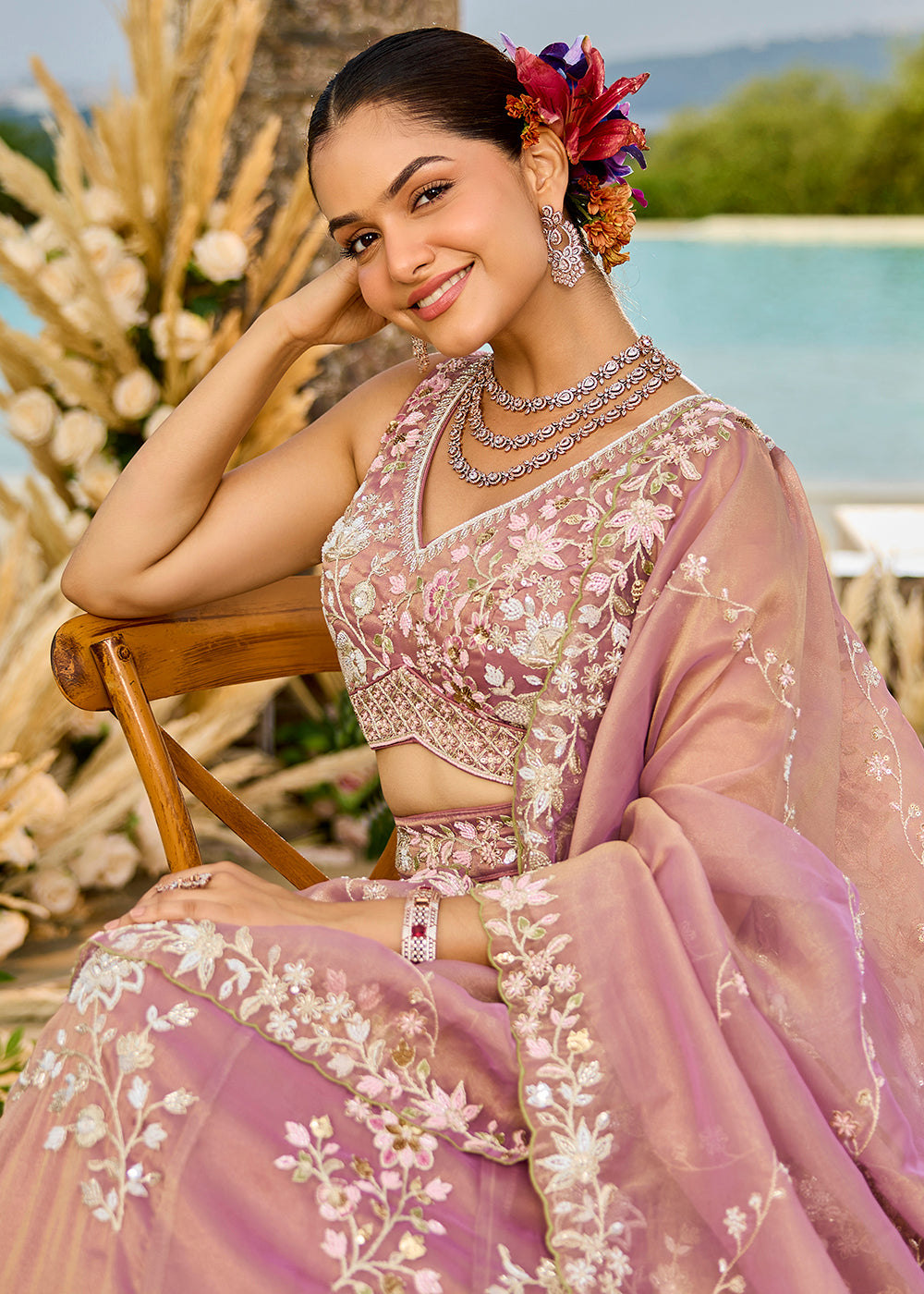 Buy Now Tissue Embroidered Pink Wedding Party Lehenga Choli Online in US, UK, Canada, France, Italy, Germany, Sweden, Greece, UAE & Worldwide at Empress.