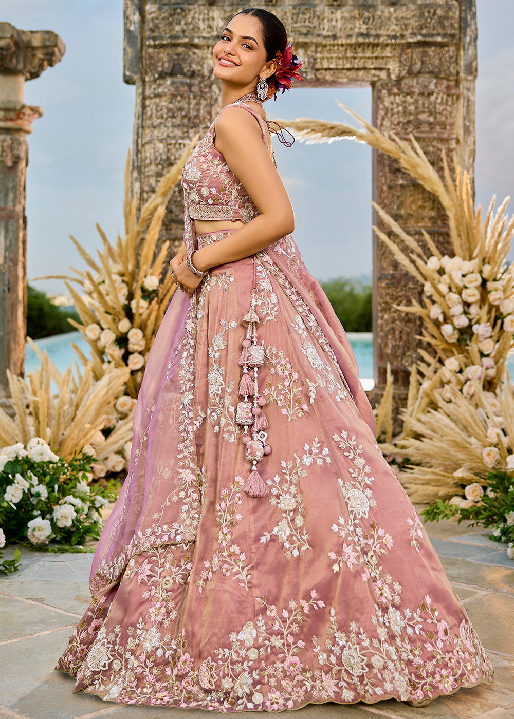 Buy Now Tissue Embroidered Pink Wedding Party Lehenga Choli Online in US, UK, Canada, France, Italy, Germany, Sweden, Greece, UAE & Worldwide at Empress.
