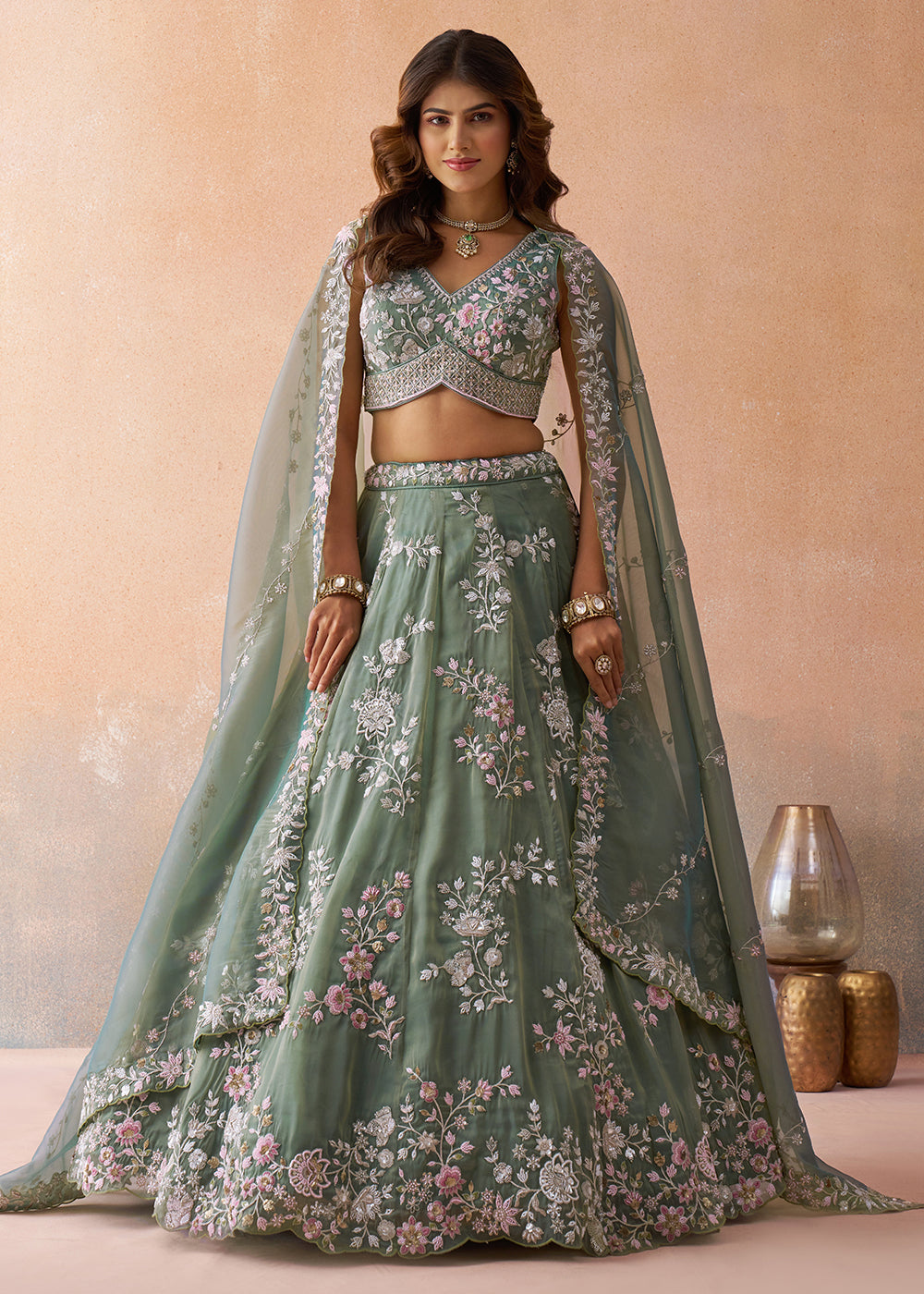 Buy Now Tissue Embroidered Sea Green Wedding Party Lehenga Choli Online in US, UK, Canada, France, Italy, Germany, Sweden, Greece, UAE & Worldwide at Empress.
