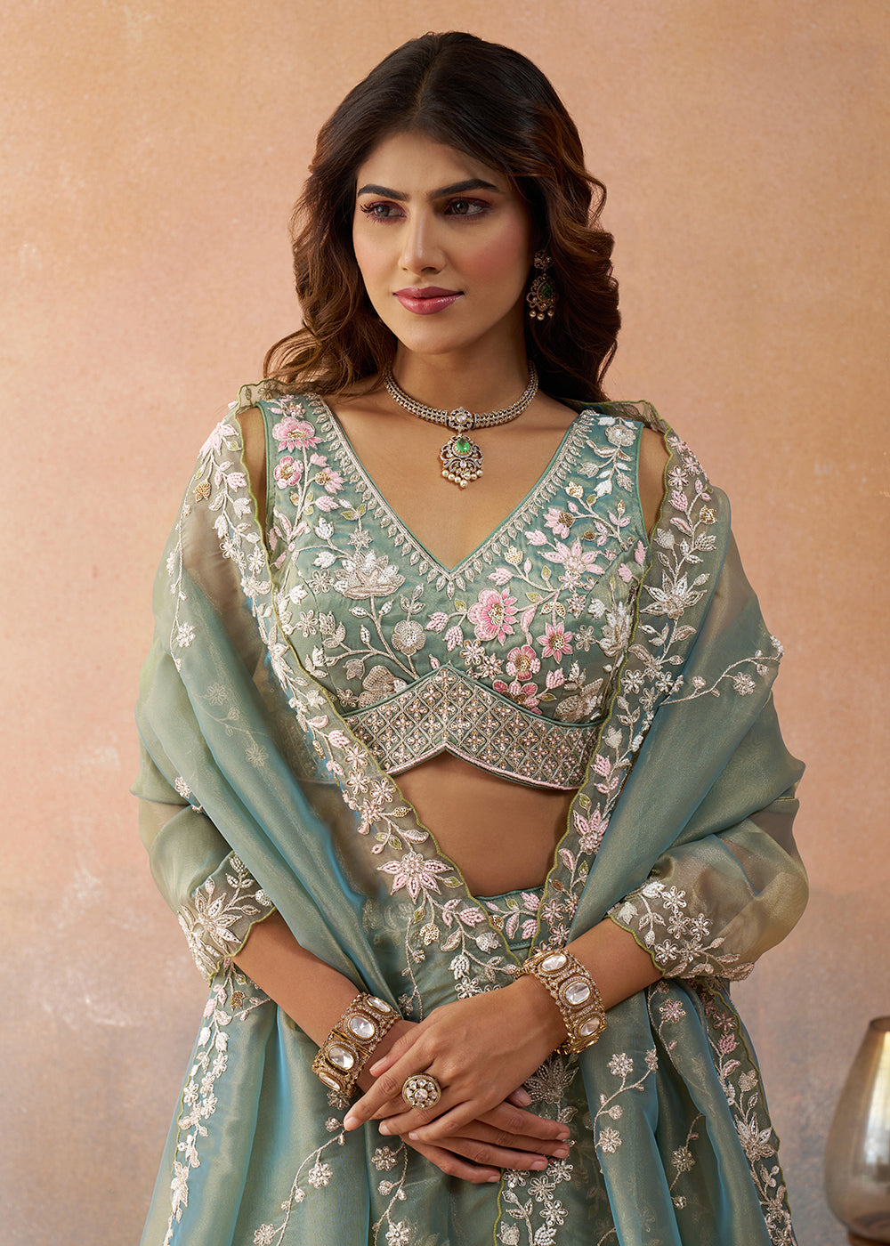 Buy Now Tissue Embroidered Sea Green Wedding Party Lehenga Choli Online in US, UK, Canada, France, Italy, Germany, Sweden, Greece, UAE & Worldwide at Empress.