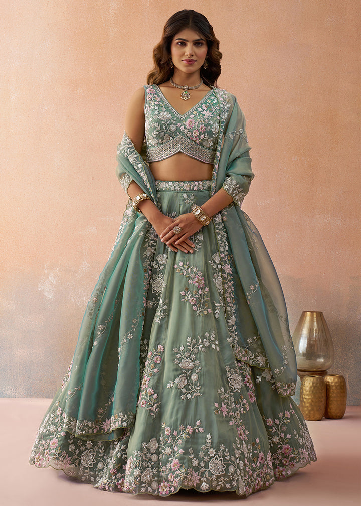 Buy Now Tissue Embroidered Sea Green Wedding Party Lehenga Choli Online in US, UK, Canada, France, Italy, Germany, Sweden, Greece, UAE & Worldwide at Empress.