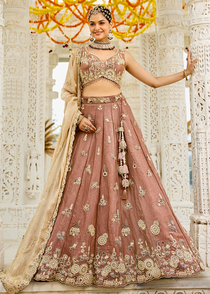 Buy Now Beige Tissue Beads & Threads Wedding Lehenga Choli Online in US, UK, Canada, France, Italy, Germany, Austria, Denmark, Spain & Worldwide at Empress.