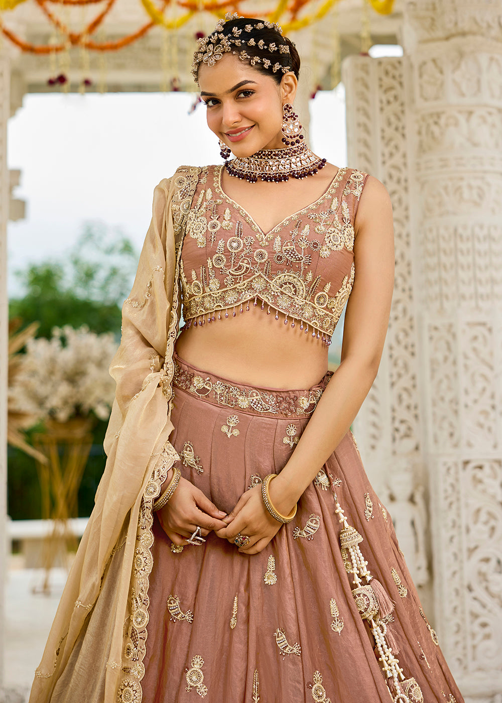 Buy Now Beige Tissue Beads & Threads Wedding Lehenga Choli Online in US, UK, Canada, France, Italy, Germany, Austria, Denmark, Spain & Worldwide at Empress.