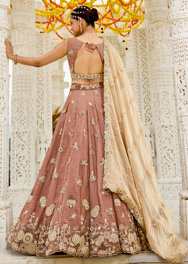 Buy Now Beige Tissue Beads & Threads Wedding Lehenga Choli Online in US, UK, Canada, France, Italy, Germany, Austria, Denmark, Spain & Worldwide at Empress.