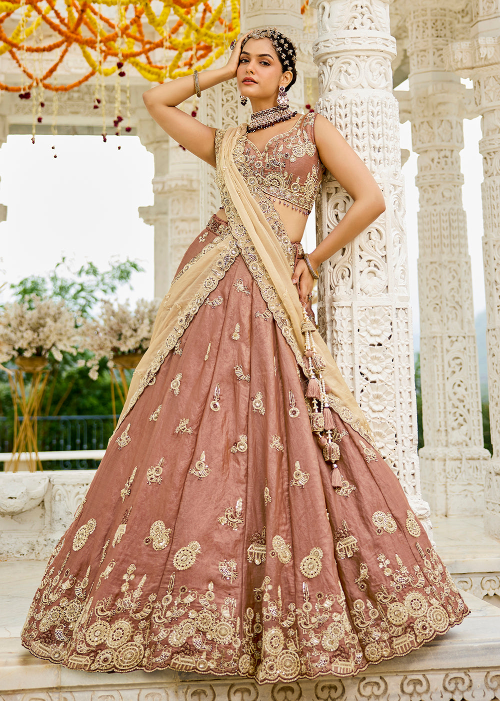 Buy Now Beige Tissue Beads & Threads Wedding Lehenga Choli Online in US, UK, Canada, France, Italy, Germany, Austria, Denmark, Spain & Worldwide at Empress.