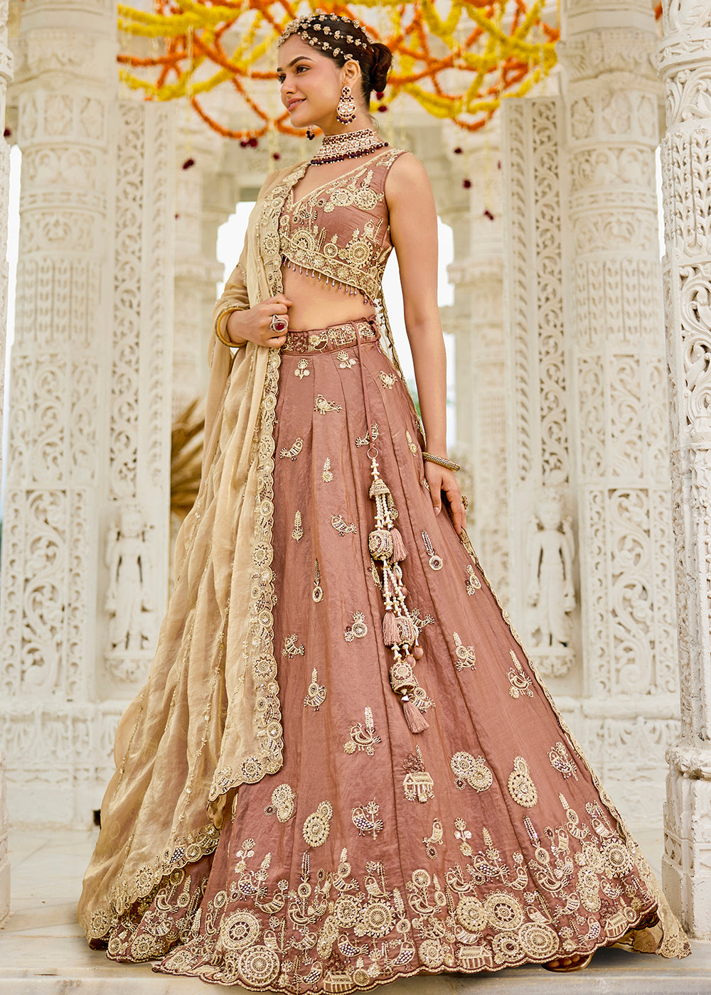 Buy Now Beige Tissue Beads & Threads Wedding Lehenga Choli Online in US, UK, Canada, France, Italy, Germany, Austria, Denmark, Spain & Worldwide at Empress.
