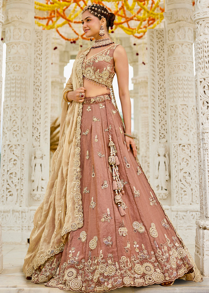 Buy Now Beige Tissue Beads & Threads Wedding Lehenga Choli Online in US, UK, Canada, France, Italy, Germany, Austria, Denmark, Spain & Worldwide at Empress.