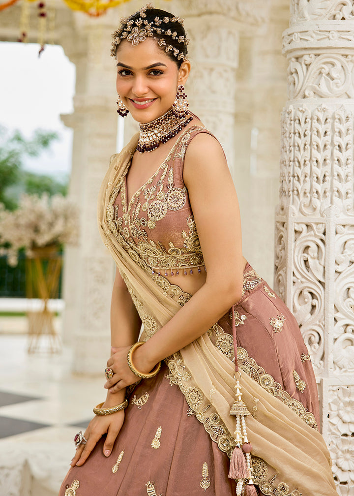 Buy Now Beige Tissue Beads & Threads Wedding Lehenga Choli Online in US, UK, Canada, France, Italy, Germany, Austria, Denmark, Spain & Worldwide at Empress.
