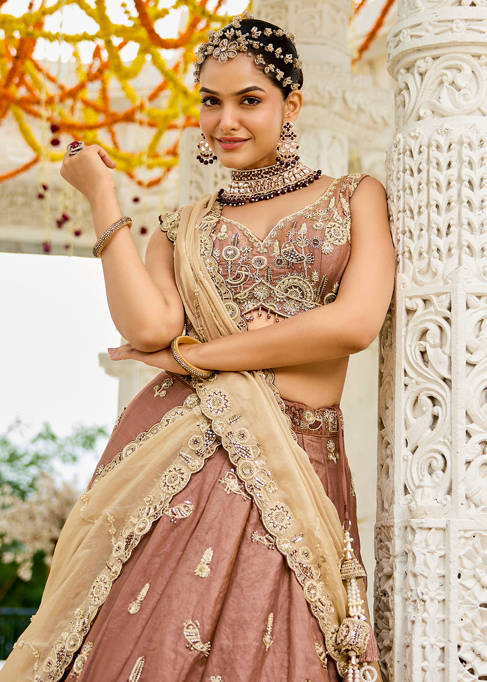Buy Now Beige Tissue Beads & Threads Wedding Lehenga Choli Online in US, UK, Canada, France, Italy, Germany, Austria, Denmark, Spain & Worldwide at Empress.