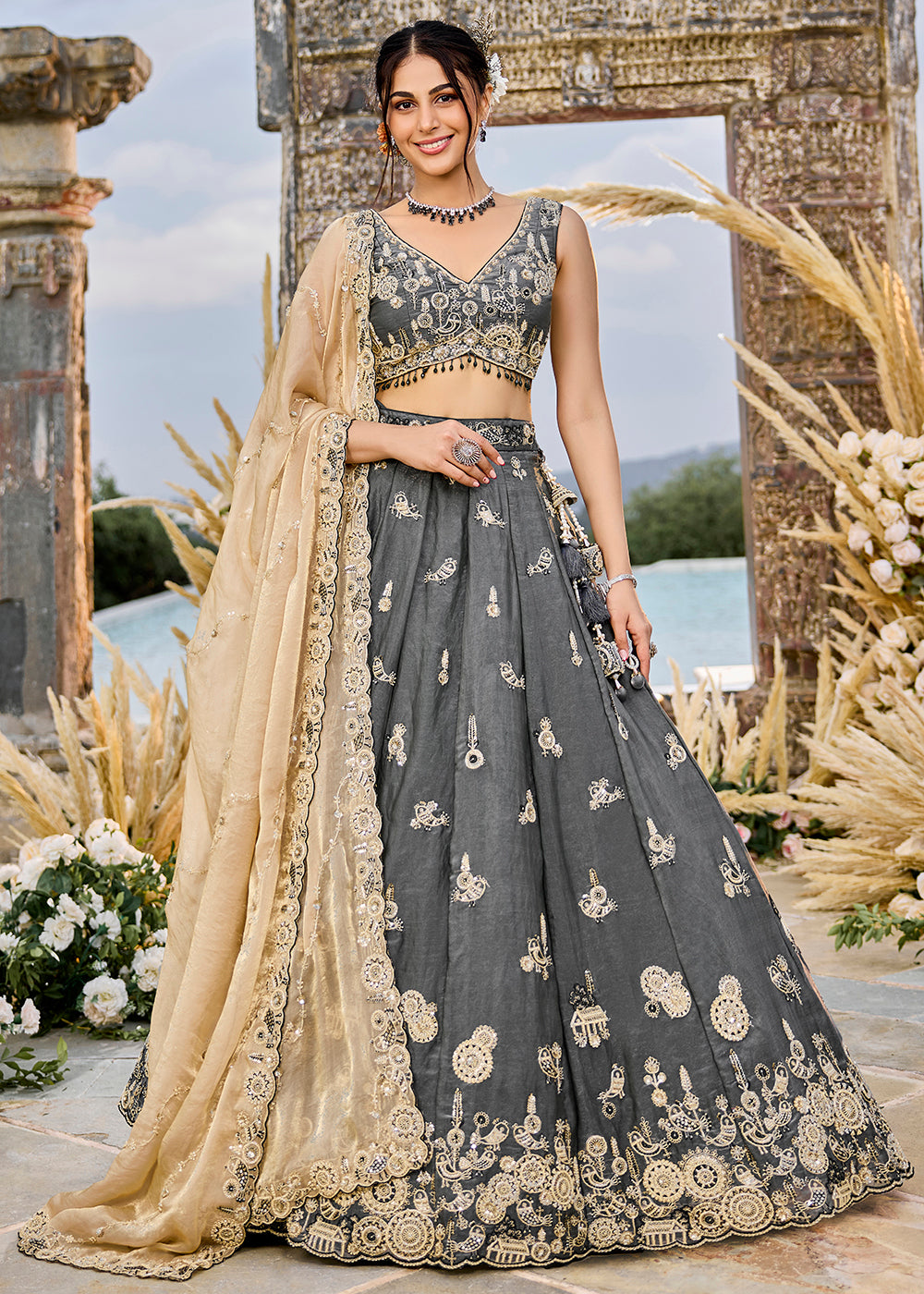 Buy Now Grey Tissue Beads & Threads Wedding Lehenga Choli Online in US, UK, Canada, France, Italy, Germany, Austria, Denmark, Spain & Worldwide at Empress.