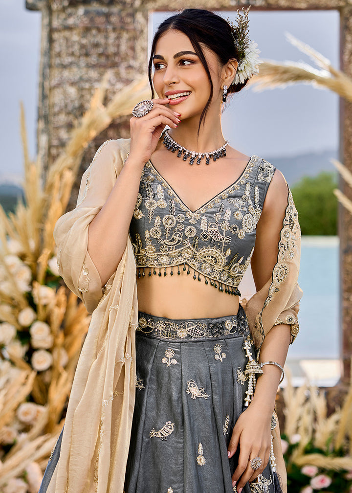 Buy Now Grey Tissue Beads & Threads Wedding Lehenga Choli Online in US, UK, Canada, France, Italy, Germany, Austria, Denmark, Spain & Worldwide at Empress.