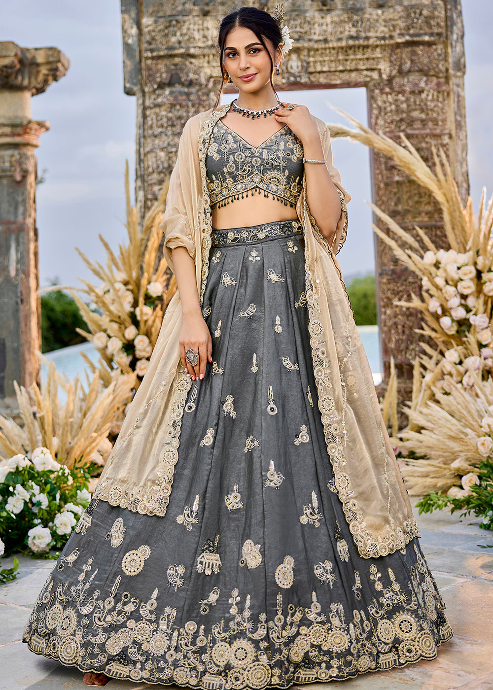 Buy Now Grey Tissue Beads & Threads Wedding Lehenga Choli Online in US, UK, Canada, France, Italy, Germany, Austria, Denmark, Spain & Worldwide at Empress.