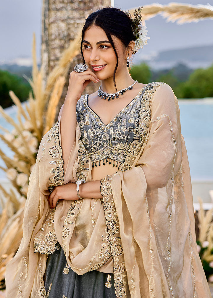 Buy Now Grey Tissue Beads & Threads Wedding Lehenga Choli Online in US, UK, Canada, France, Italy, Germany, Austria, Denmark, Spain & Worldwide at Empress.