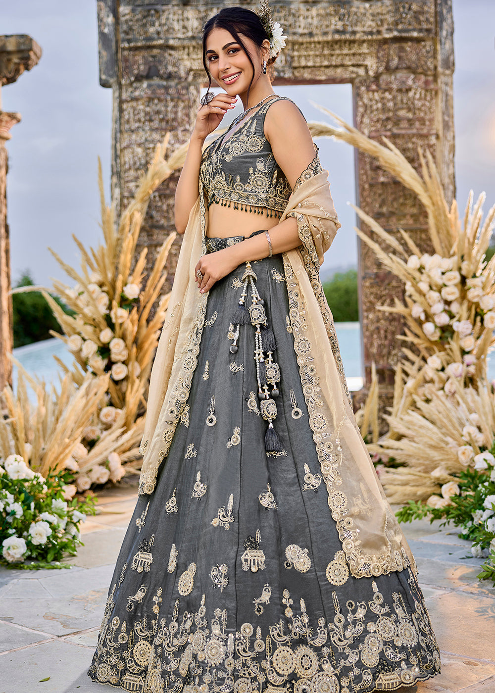 Buy Now Grey Tissue Beads & Threads Wedding Lehenga Choli Online in US, UK, Canada, France, Italy, Germany, Austria, Denmark, Spain & Worldwide at Empress.