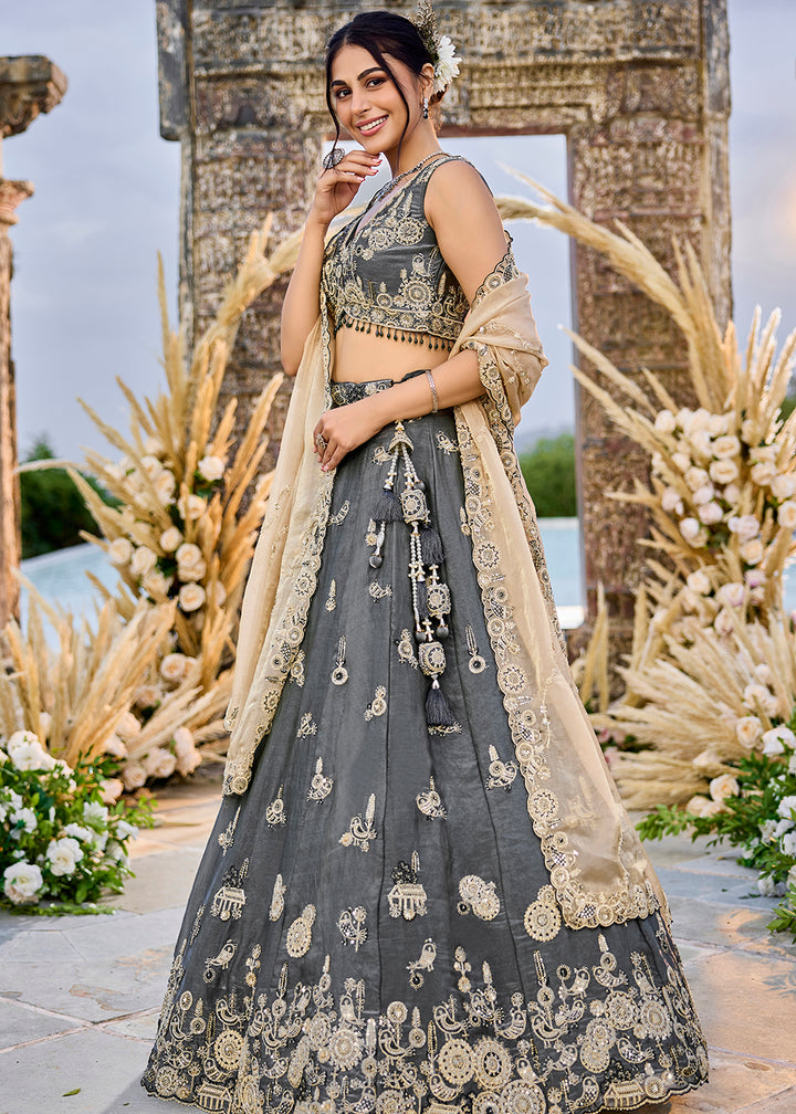 Buy Now Grey Tissue Beads & Threads Wedding Lehenga Choli Online in US, UK, Canada, France, Italy, Germany, Austria, Denmark, Spain & Worldwide at Empress.