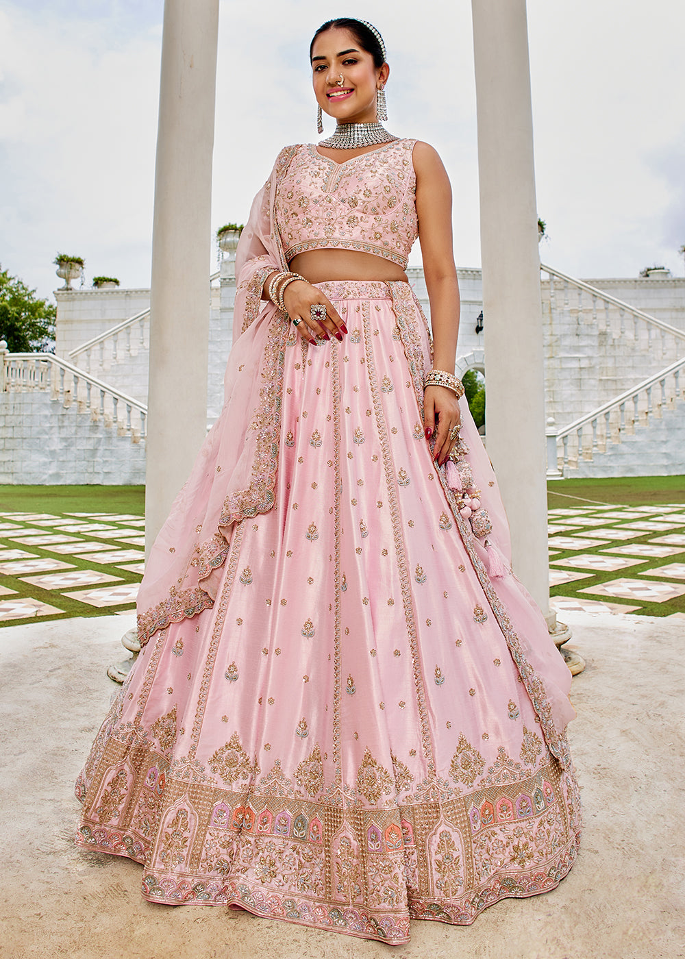 Buy Now Pink Beads &amp; Sequins Work Silk Wedding Festive Lehenga Online in US, UK, Canada, France, Italy, Germany, Sweden, Denmark, UAE & Worldwide at Empress.