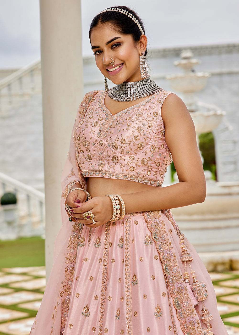 Buy Now Pink Beads &amp; Sequins Work Silk Wedding Festive Lehenga Online in US, UK, Canada, France, Italy, Germany, Sweden, Denmark, UAE & Worldwide at Empress.