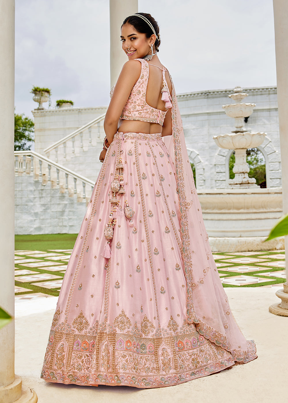 Buy Now Pink Beads &amp; Sequins Work Silk Wedding Festive Lehenga Online in US, UK, Canada, France, Italy, Germany, Sweden, Denmark, UAE & Worldwide at Empress.