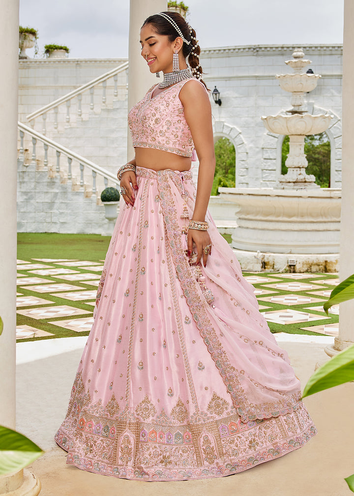 Buy Now Pink Beads &amp; Sequins Work Silk Wedding Festive Lehenga Online in US, UK, Canada, France, Italy, Germany, Sweden, Denmark, UAE & Worldwide at Empress.