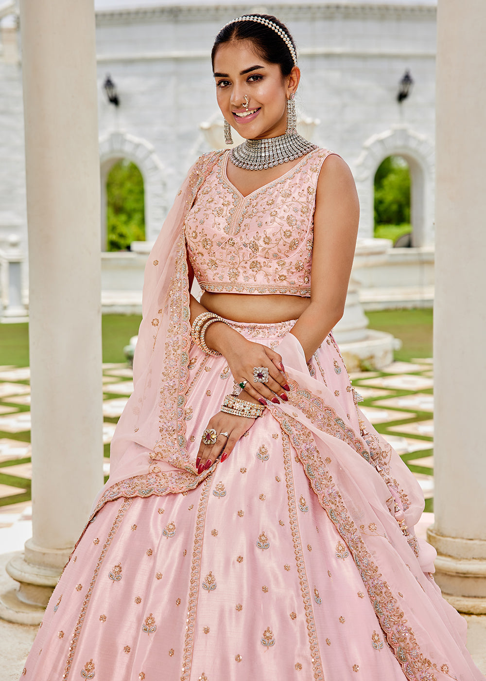 Buy Now Pink Beads &amp; Sequins Work Silk Wedding Festive Lehenga Online in US, UK, Canada, France, Italy, Germany, Sweden, Denmark, UAE & Worldwide at Empress.