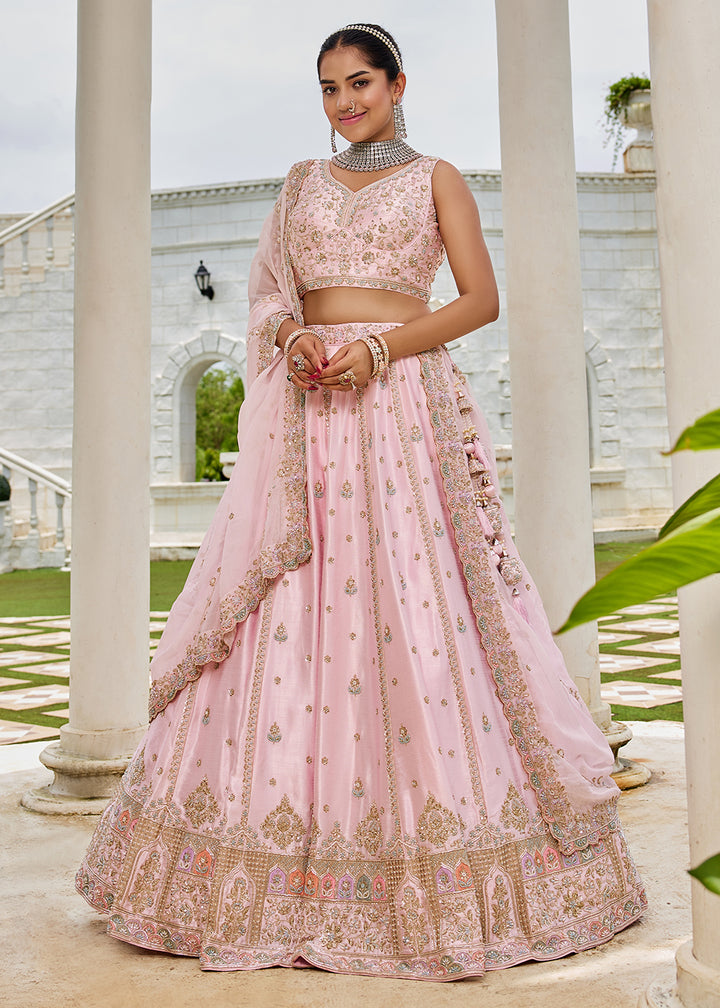 Buy Now Pink Beads &amp; Sequins Work Silk Wedding Festive Lehenga Online in US, UK, Canada, France, Italy, Germany, Sweden, Denmark, UAE & Worldwide at Empress.