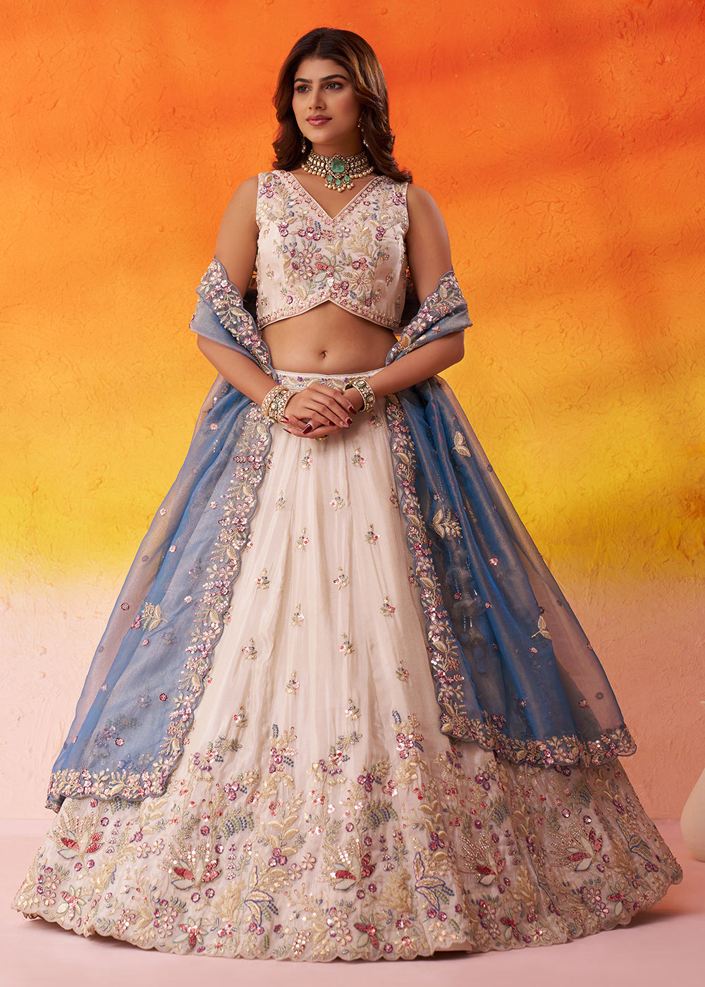 Buy Now Beige Moti Work Designer Lehenga Choli with Blue Dupatta Online in US, UK, Canada, France, Germany, Sweden, Greece, Denmark, UAE & Worldwide at Empress.