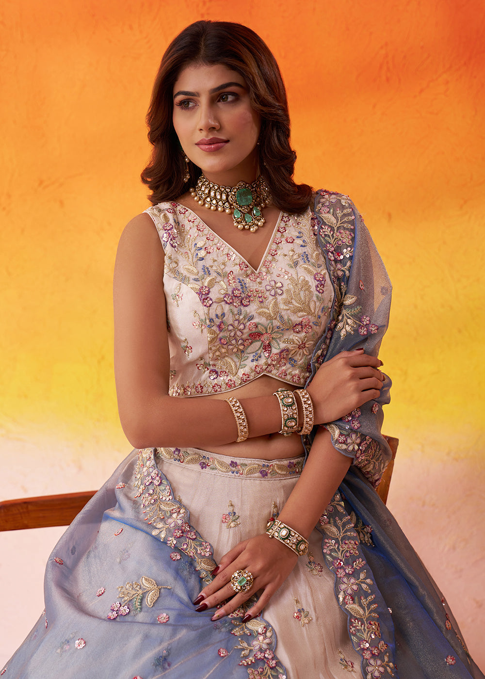 Buy Now Beige Moti Work Designer Lehenga Choli with Blue Dupatta Online in US, UK, Canada, France, Germany, Sweden, Greece, Denmark, UAE & Worldwide at Empress.