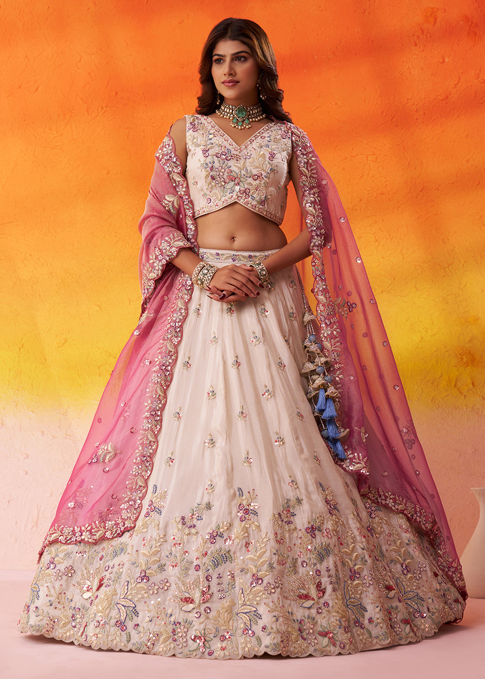 Buy Now Beige Moti Work Designer Lehenga Choli with Pink Dupatta Online in US, UK, Canada, France, Germany, Sweden, Greece, Denmark, UAE & Worldwide at Empress.