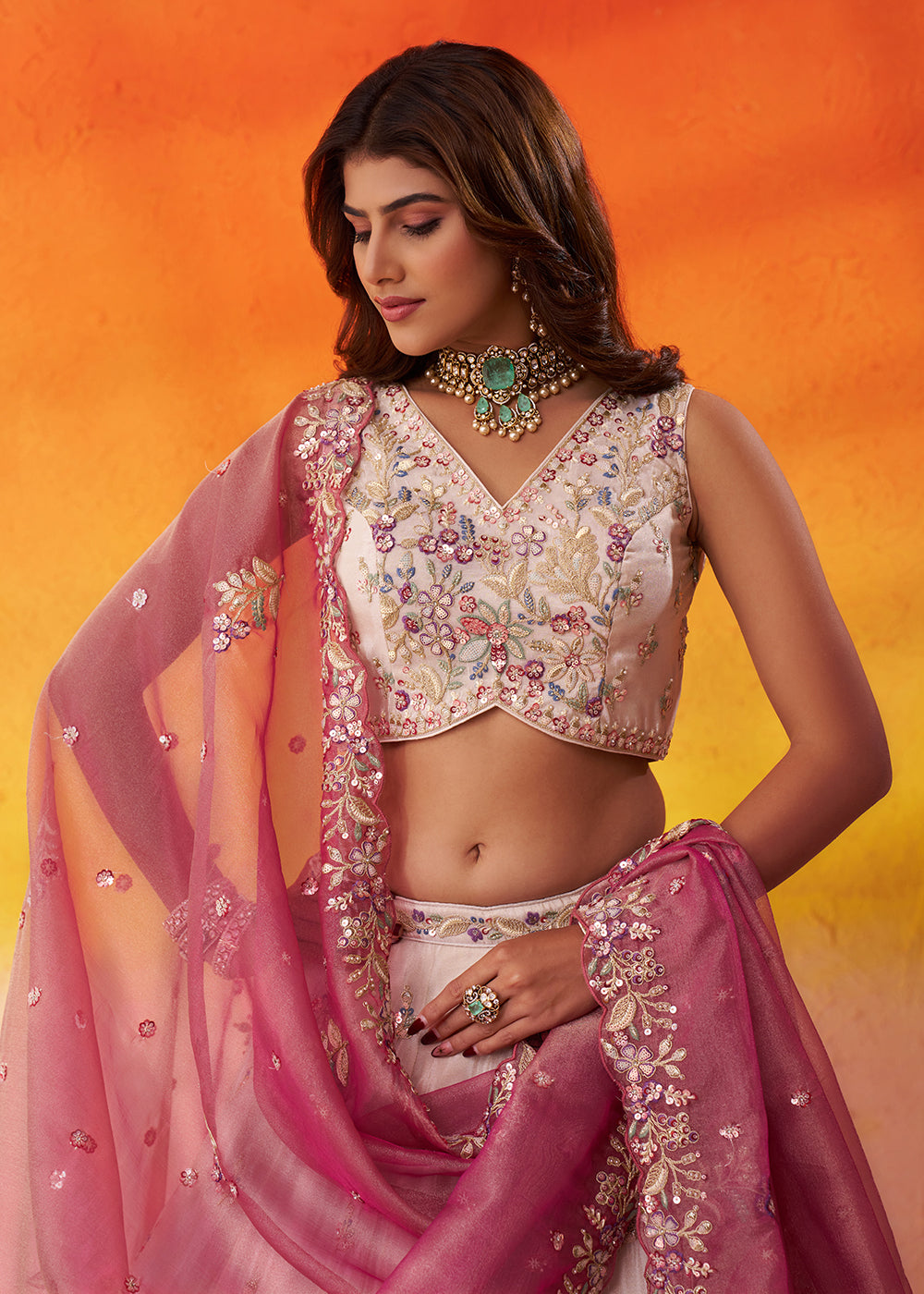 Buy Now Beige Moti Work Designer Lehenga Choli with Pink Dupatta Online in US, UK, Canada, France, Germany, Sweden, Greece, Denmark, UAE & Worldwide at Empress.