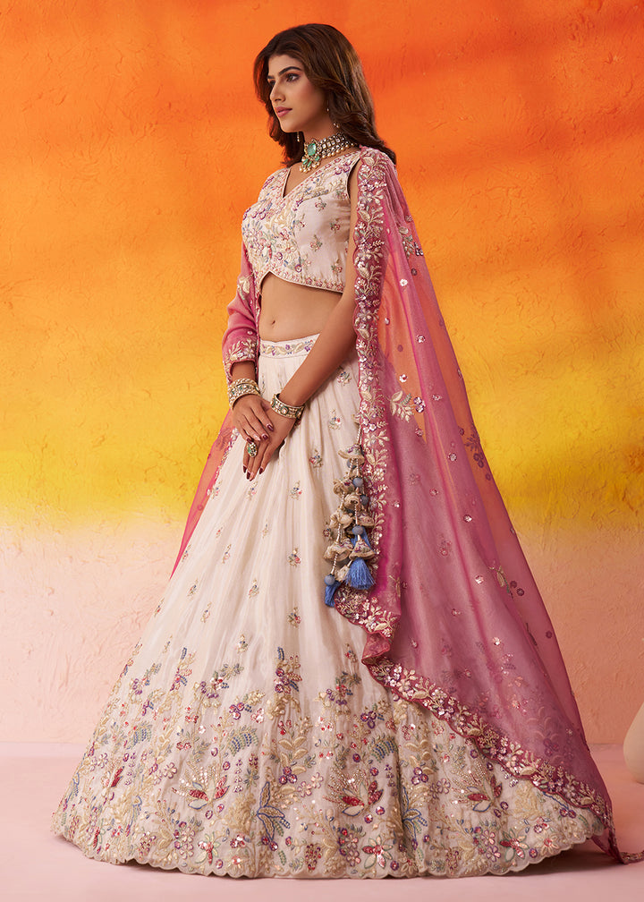 Buy Now Beige Moti Work Designer Lehenga Choli with Pink Dupatta Online in US, UK, Canada, France, Germany, Sweden, Greece, Denmark, UAE & Worldwide at Empress.