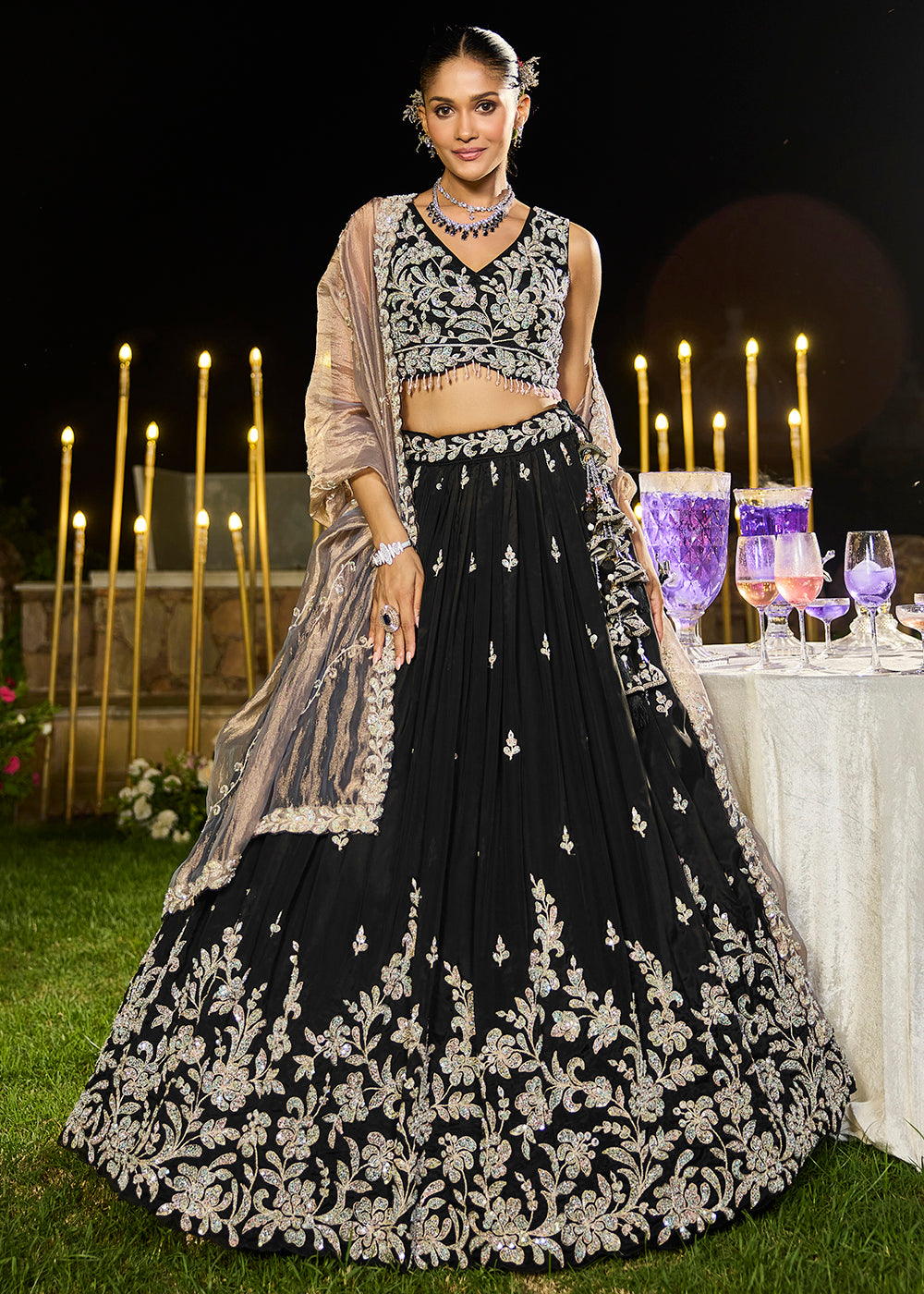 Buy Now Satin Silk Black Beads & Threads Wedding Lehenga Choli Online in US, UK, Canada, France, Italy, Germany, Austria, Denmark, Spain & Worldwide at Empress.