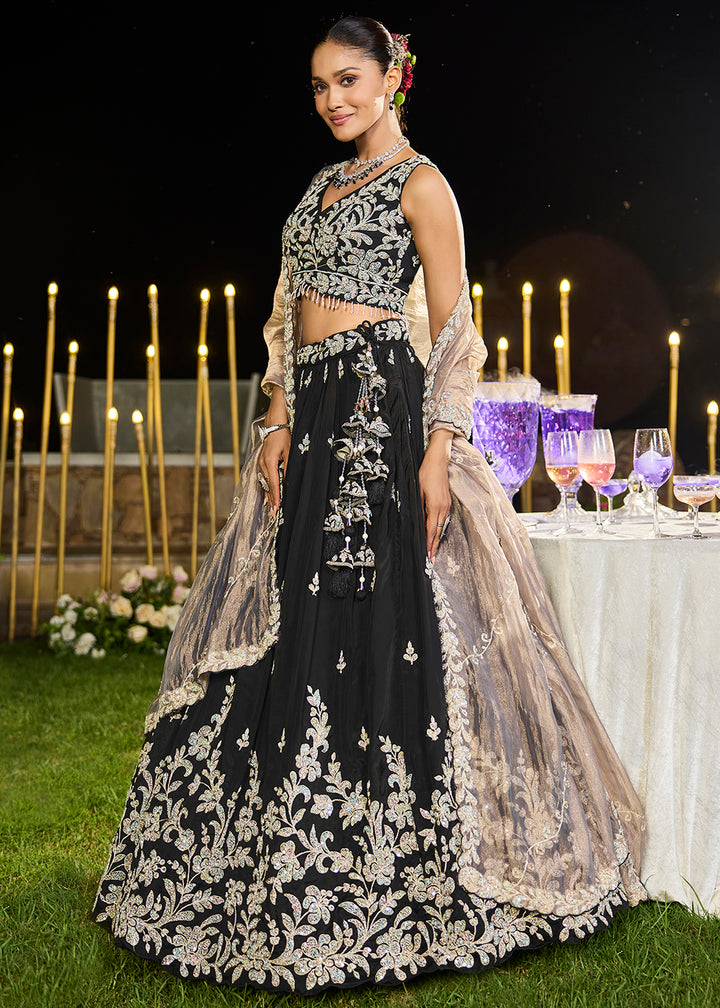 Buy Now Satin Silk Black Beads & Threads Wedding Lehenga Choli Online in US, UK, Canada, France, Italy, Germany, Austria, Denmark, Spain & Worldwide at Empress.