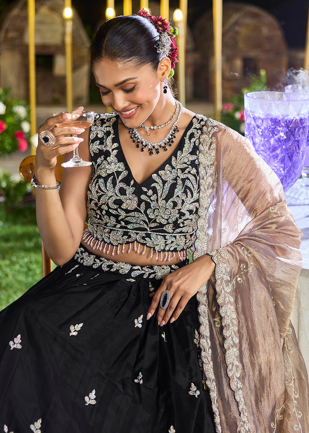 Buy Now Satin Silk Black Beads & Threads Wedding Lehenga Choli Online in US, UK, Canada, France, Italy, Germany, Austria, Denmark, Spain & Worldwide at Empress.