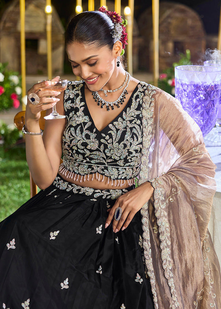 Buy Now Satin Silk Black Beads & Threads Wedding Lehenga Choli Online in US, UK, Canada, France, Italy, Germany, Austria, Denmark, Spain & Worldwide at Empress.