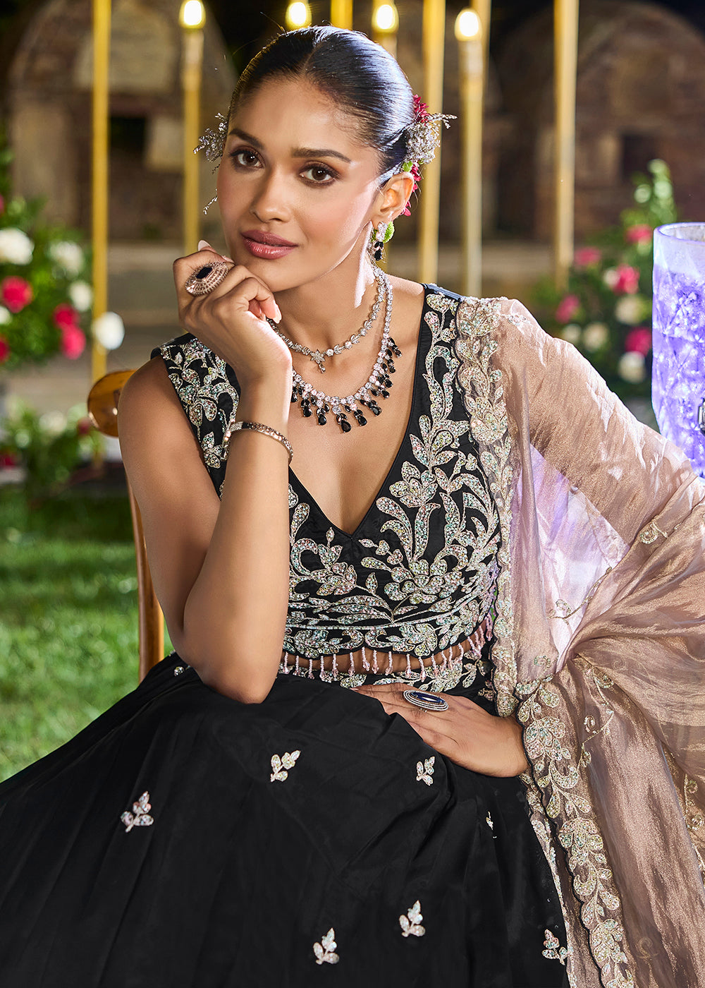 Buy Now Satin Silk Black Beads & Threads Wedding Lehenga Choli Online in US, UK, Canada, France, Italy, Germany, Austria, Denmark, Spain & Worldwide at Empress.