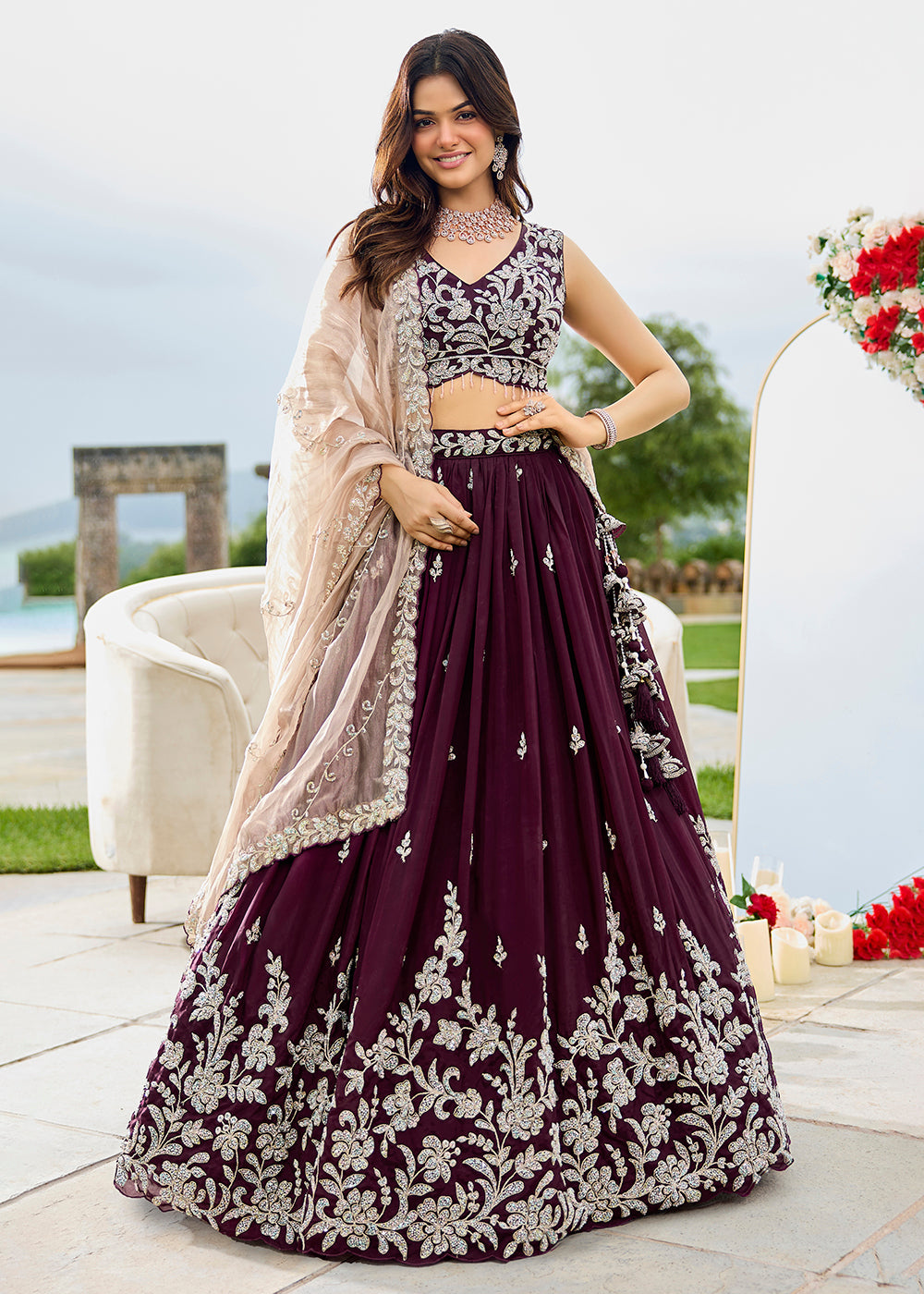 Buy Now Satin Silk Wine Beads & Threads Wedding Lehenga Choli Online in US, UK, Canada, France, Italy, Germany, Austria, Denmark, Spain & Worldwide at Empress.