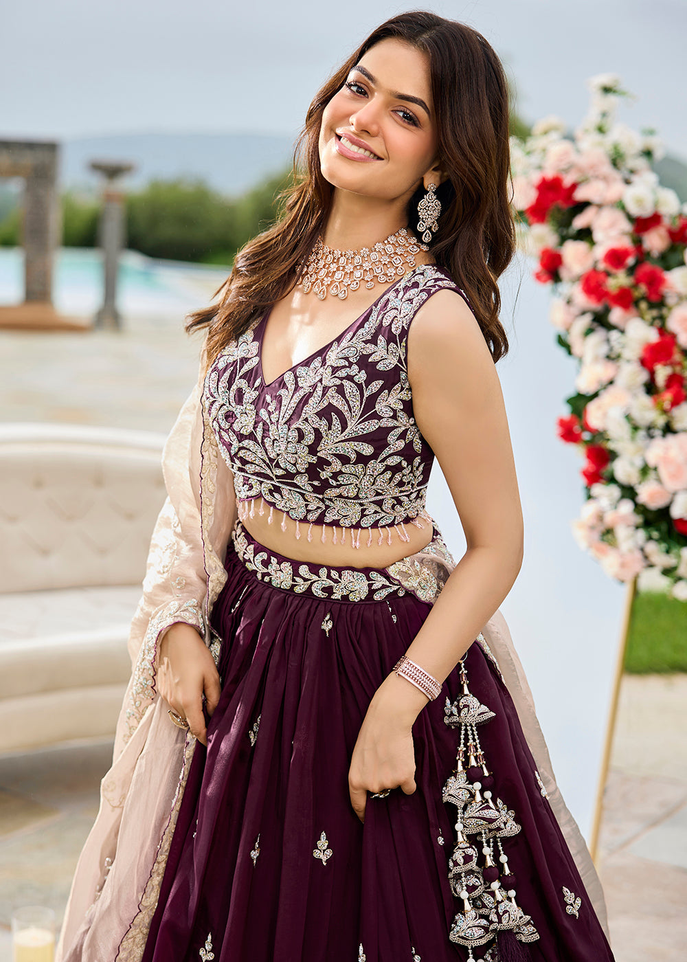 Buy Now Satin Silk Wine Beads & Threads Wedding Lehenga Choli Online in US, UK, Canada, France, Italy, Germany, Austria, Denmark, Spain & Worldwide at Empress.