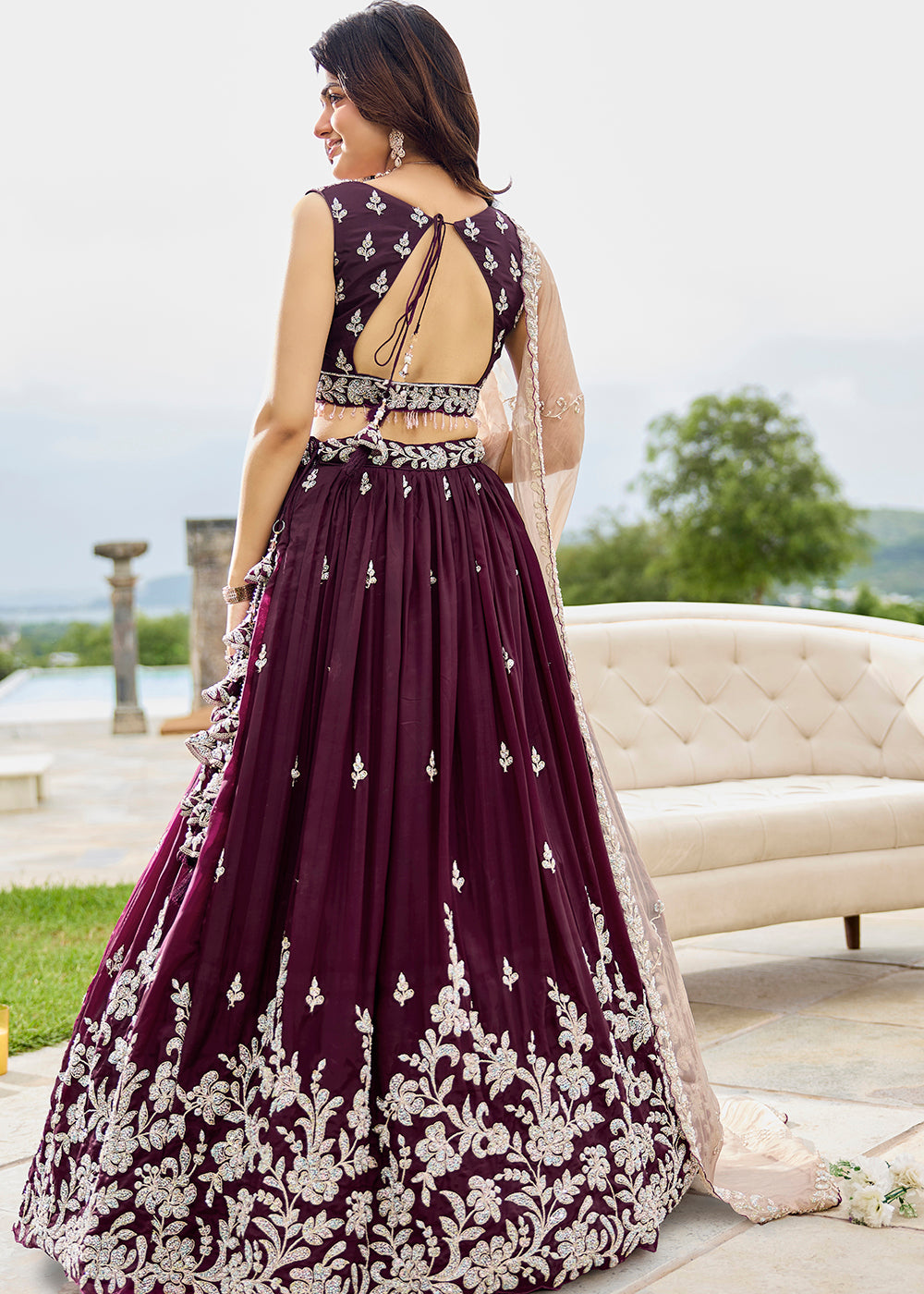 Buy Now Satin Silk Wine Beads & Threads Wedding Lehenga Choli Online in US, UK, Canada, France, Italy, Germany, Austria, Denmark, Spain & Worldwide at Empress.