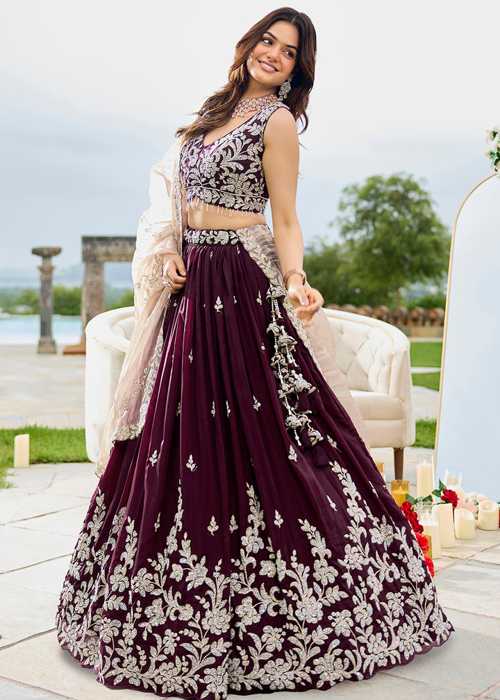 Buy Now Satin Silk Wine Beads & Threads Wedding Lehenga Choli Online in US, UK, Canada, France, Italy, Germany, Austria, Denmark, Spain & Worldwide at Empress.