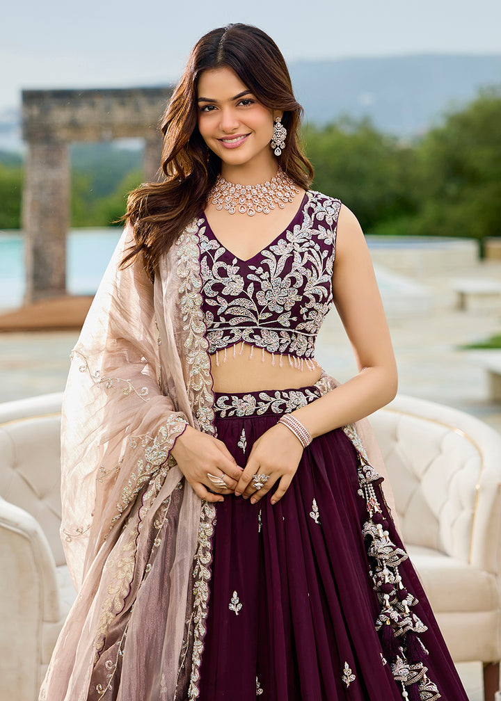 Buy Now Satin Silk Wine Beads & Threads Wedding Lehenga Choli Online in US, UK, Canada, France, Italy, Germany, Austria, Denmark, Spain & Worldwide at Empress.