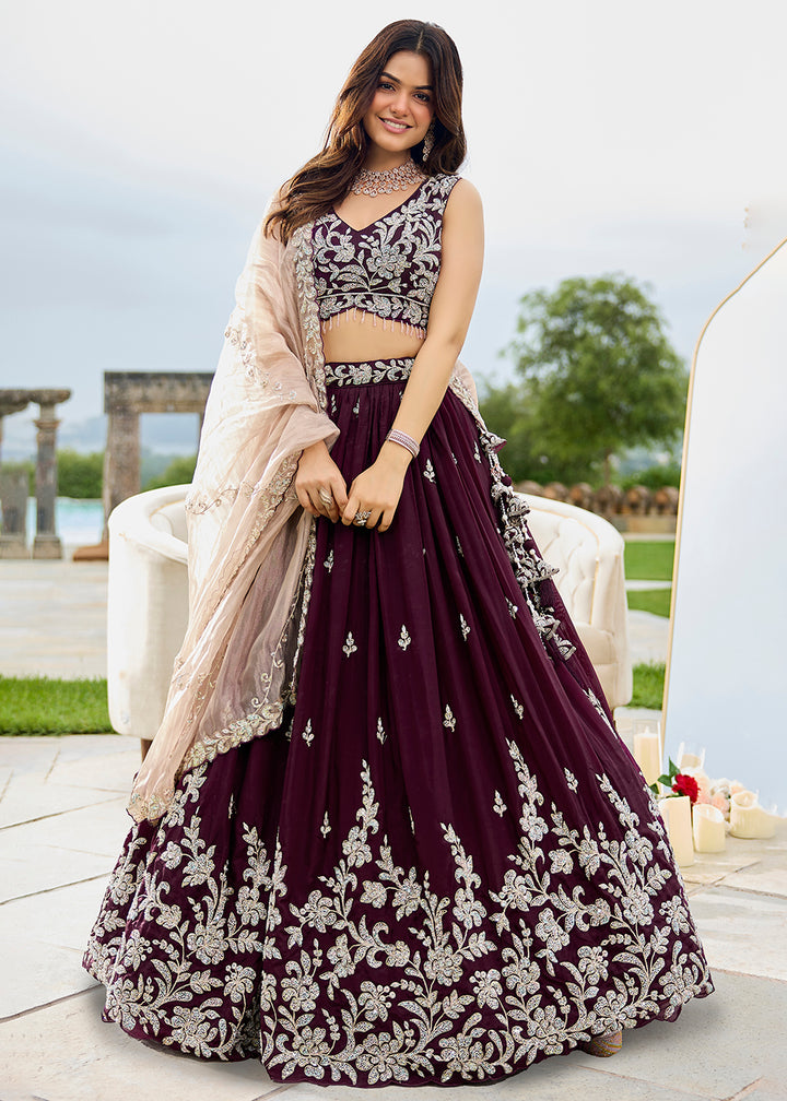 Buy Now Satin Silk Wine Beads & Threads Wedding Lehenga Choli Online in US, UK, Canada, France, Italy, Germany, Austria, Denmark, Spain & Worldwide at Empress.