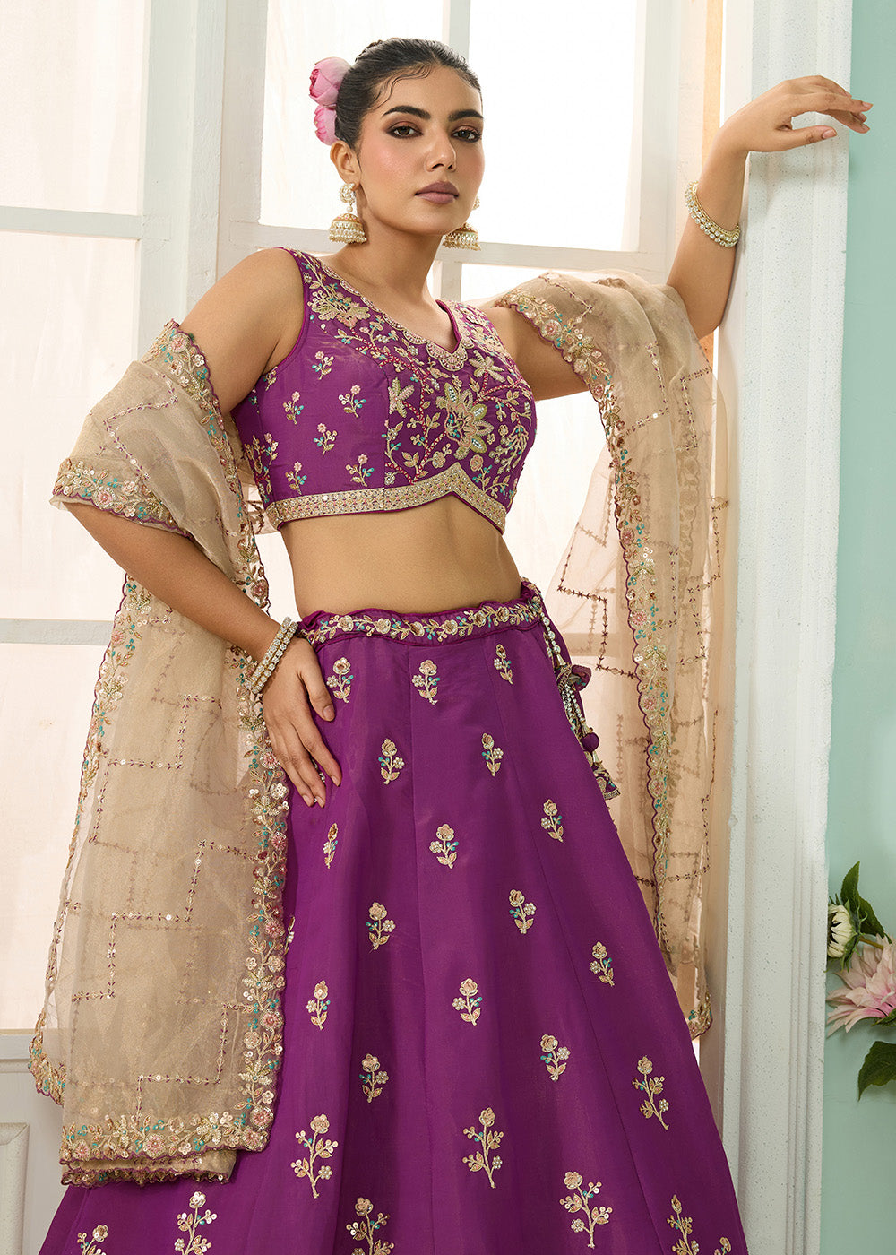 Buy Now Burgundy Georgette Wedding Embroidered Lehenga Choli Online in US, UK, Canada, France, Italy, Germany, Sweden, Denmark, UAE & Worldwide at Empress.