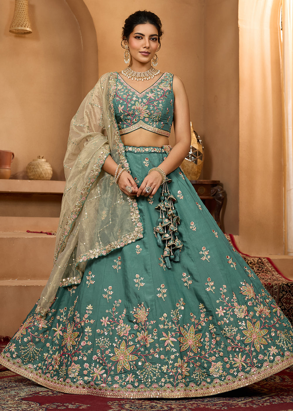 Buy Now Green Georgette Wedding Embroidered Lehenga Choli Online in US, UK, Canada, France, Italy, Germany, Sweden, Denmark, Greece, UAE & Worldwide at Empress.