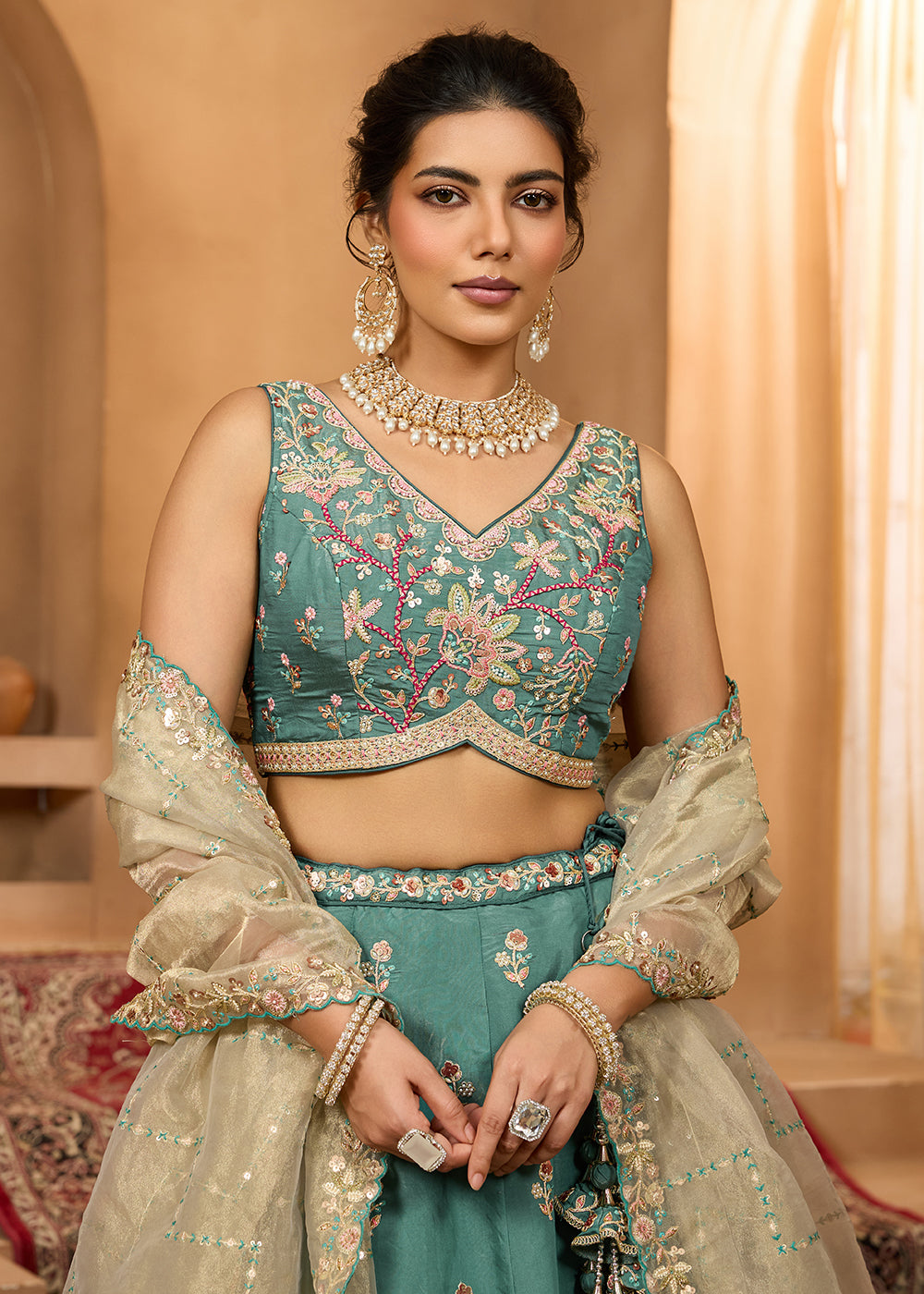Buy Now Green Georgette Wedding Embroidered Lehenga Choli Online in US, UK, Canada, France, Italy, Germany, Sweden, Denmark, Greece, UAE & Worldwide at Empress.