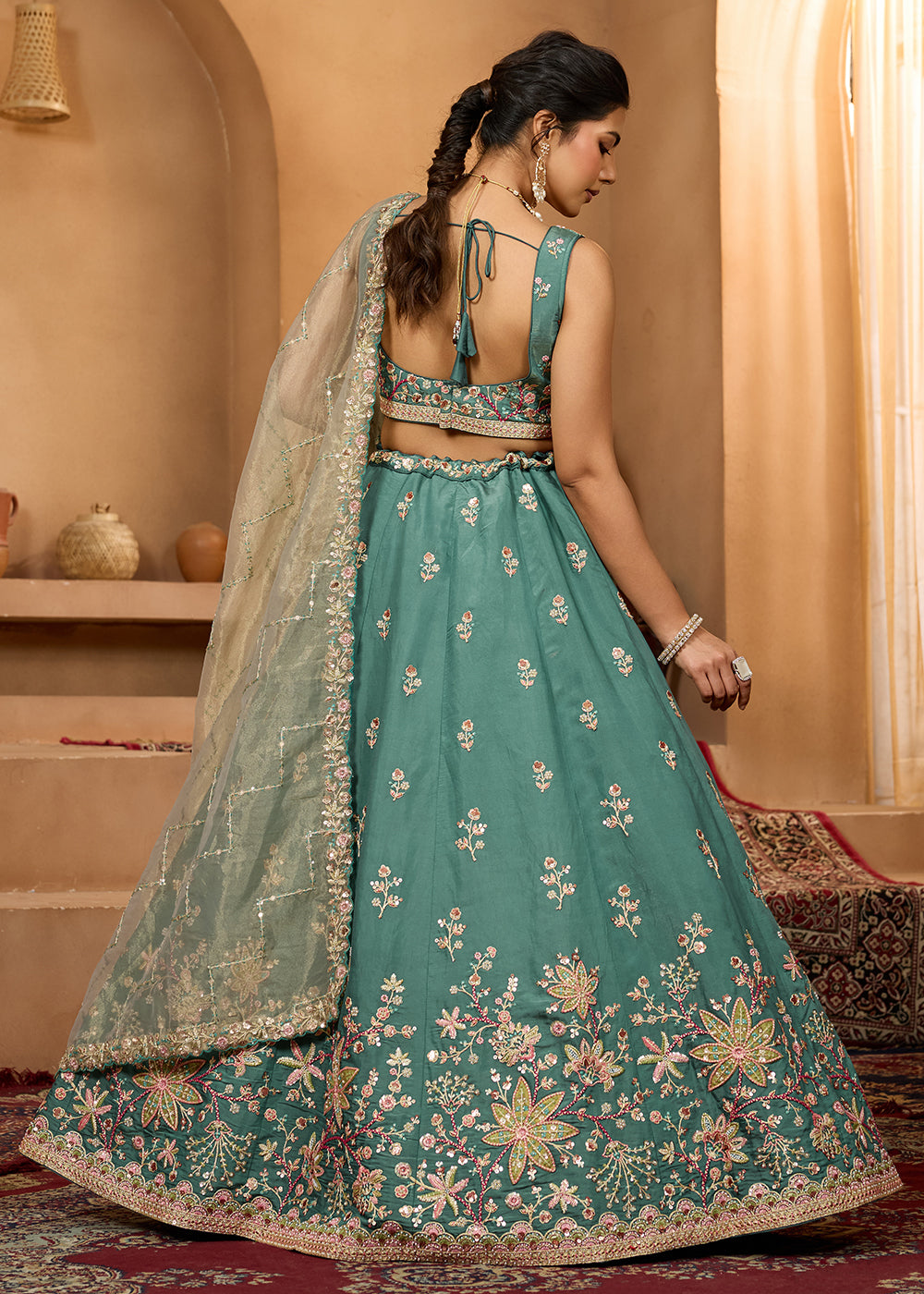 Buy Now Green Georgette Wedding Embroidered Lehenga Choli Online in US, UK, Canada, France, Italy, Germany, Sweden, Denmark, Greece, UAE & Worldwide at Empress.