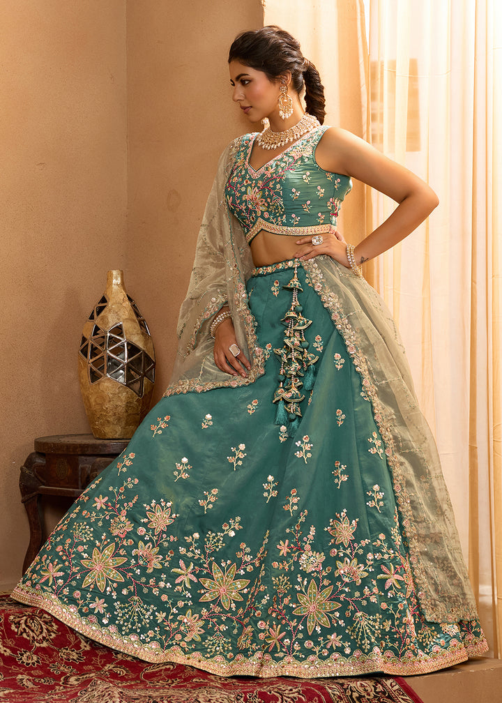 Buy Now Green Georgette Wedding Embroidered Lehenga Choli Online in US, UK, Canada, France, Italy, Germany, Sweden, Denmark, Greece, UAE & Worldwide at Empress.