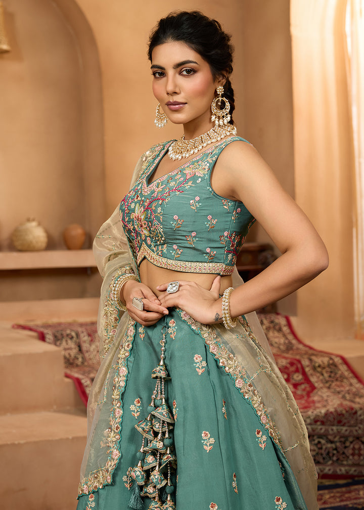 Buy Now Green Georgette Wedding Embroidered Lehenga Choli Online in US, UK, Canada, France, Italy, Germany, Sweden, Denmark, Greece, UAE & Worldwide at Empress.
