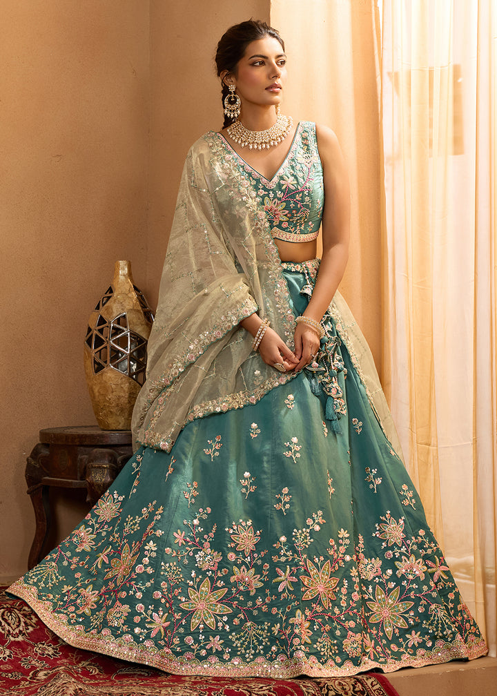 Buy Now Green Georgette Wedding Embroidered Lehenga Choli Online in US, UK, Canada, France, Italy, Germany, Sweden, Denmark, Greece, UAE & Worldwide at Empress.
