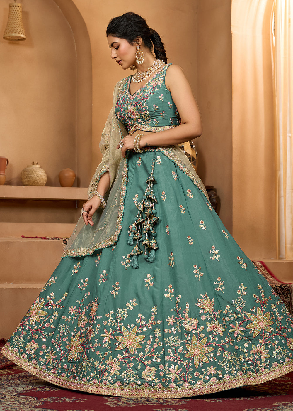 Buy Now Green Georgette Wedding Embroidered Lehenga Choli Online in US, UK, Canada, France, Italy, Germany, Sweden, Denmark, Greece, UAE & Worldwide at Empress.