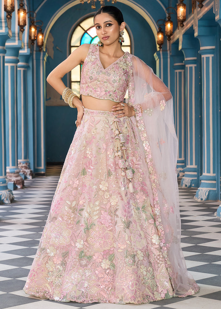 Buy Now Net Embroidered Cream Wedding Party Lehenga Choli Online in US, UK, Canada, France, Italy, Germany, Sweden, Greece, UAE, Denmark & Worldwide at Empress.